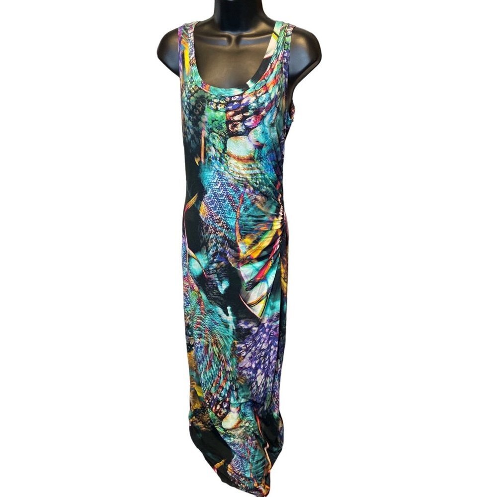 Elaua Kattau Colorful Peacock Sleeveless Maxi Ruched Bodycon Dress